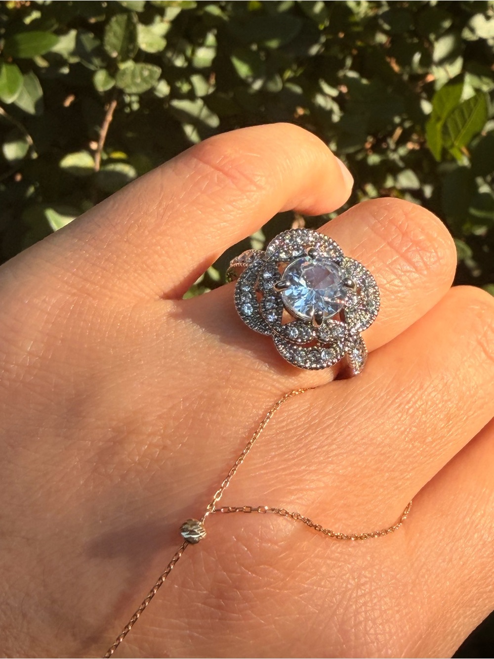Sterling Silver Halo Flower Engagement Ring with Clear Center Stone - Picture 4 of 7